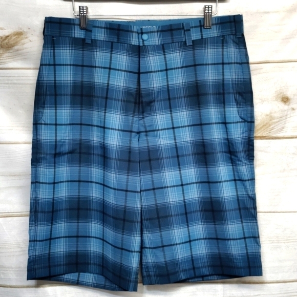 Nike Golf Dri-Fit Peacock Blue/Black Plaid Flat Front Shorts, Size 32 - Picture 1 of 12